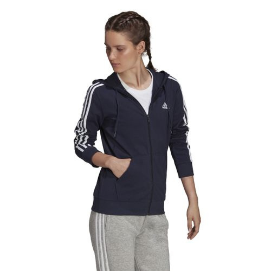 Adidas Essentials Single Jersey 3-Stripes Full-Zip Hoodie Adults Female Hoodies Navy